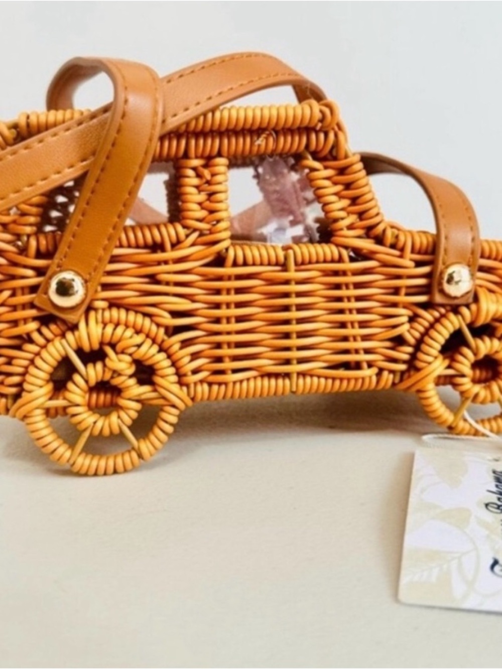 Tommy Bahama Orange Wicker Car-Shaped Mini Bag with Tan Straps - Picture 2 of 2